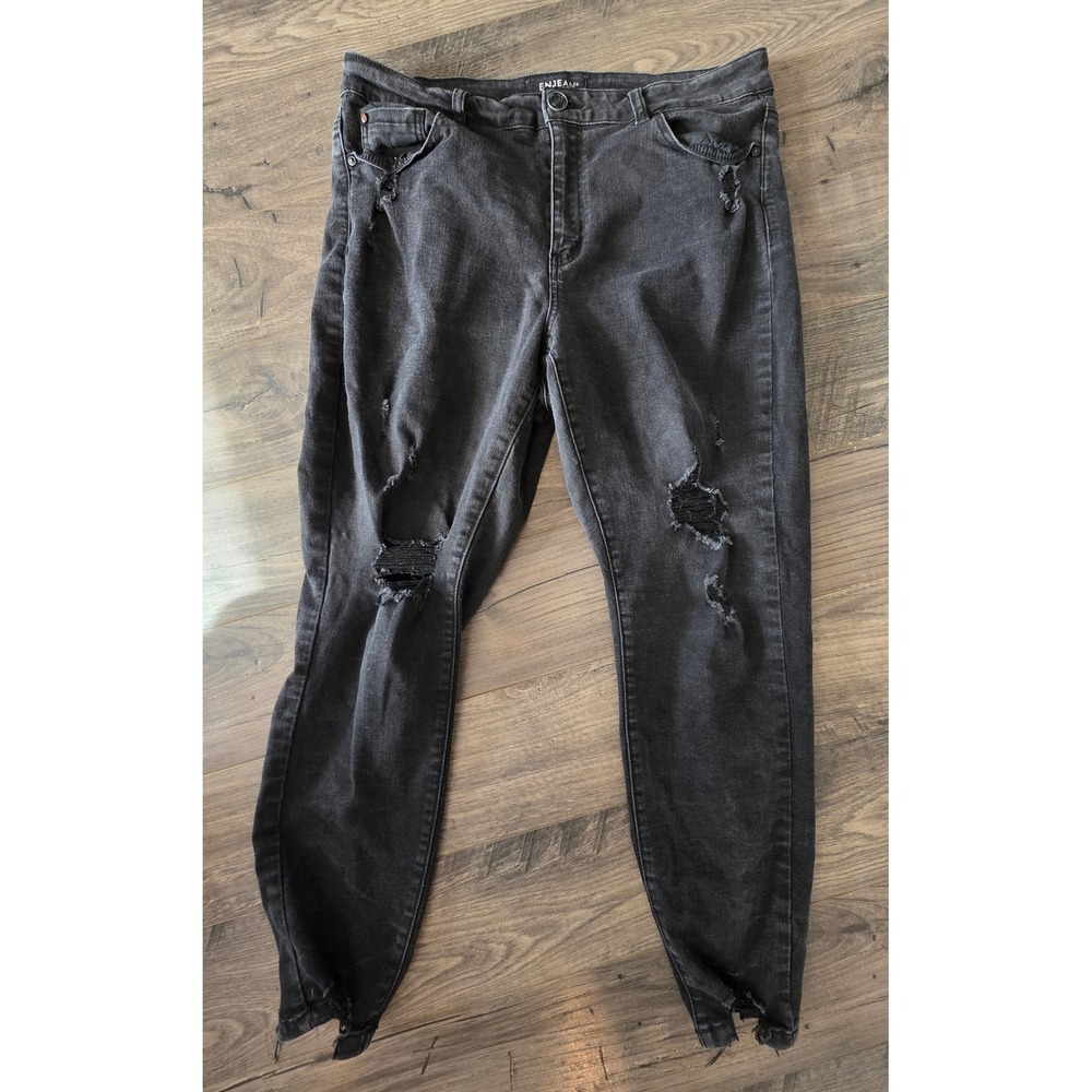 Women's‎ sz 1X ENJEAN Black Distressed Ripped Skinny Jeans